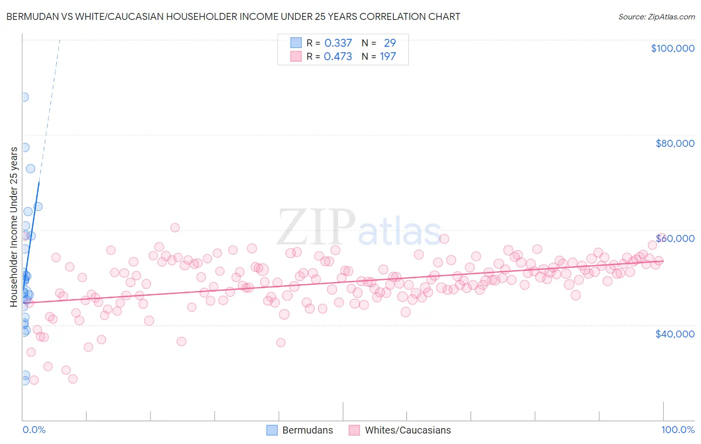 Bermudan vs White/Caucasian Householder Income Under 25 years