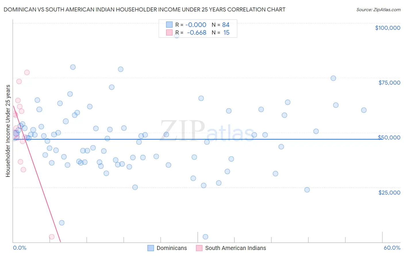 Dominican vs South American Indian Householder Income Under 25 years