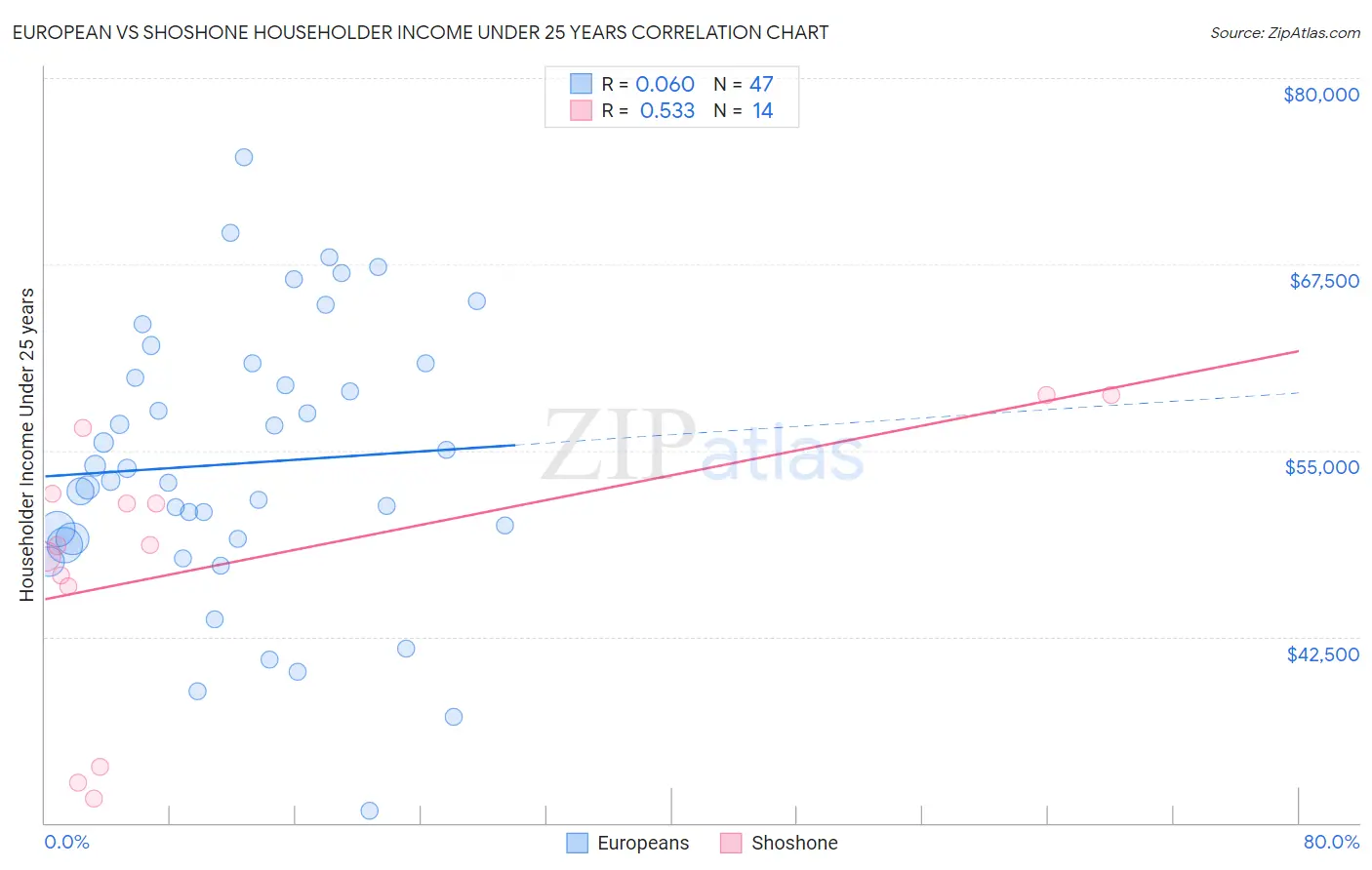 European vs Shoshone Householder Income Under 25 years