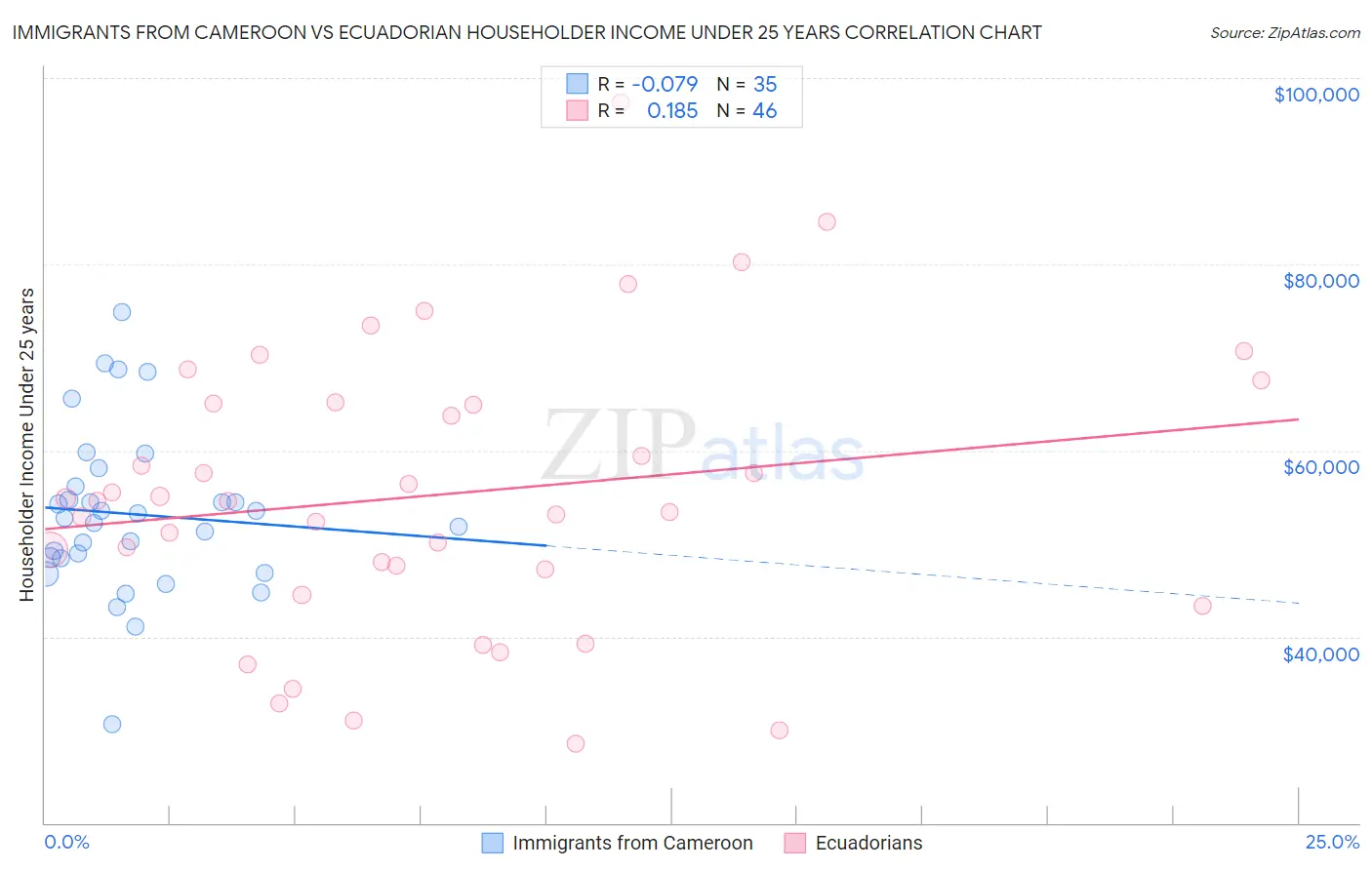 Immigrants from Cameroon vs Ecuadorian Householder Income Under 25 years