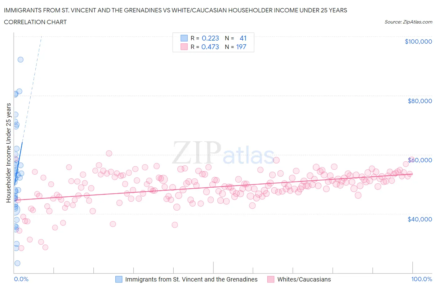 Immigrants from St. Vincent and the Grenadines vs White/Caucasian Householder Income Under 25 years