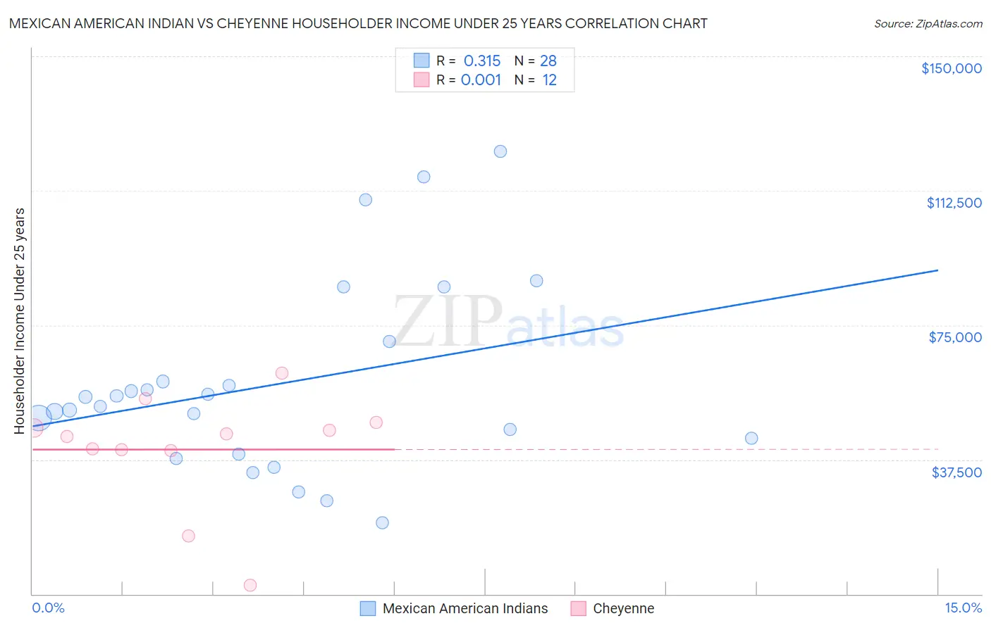 Mexican American Indian vs Cheyenne Householder Income Under 25 years