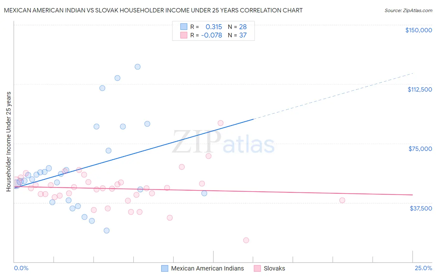Mexican American Indian vs Slovak Householder Income Under 25 years