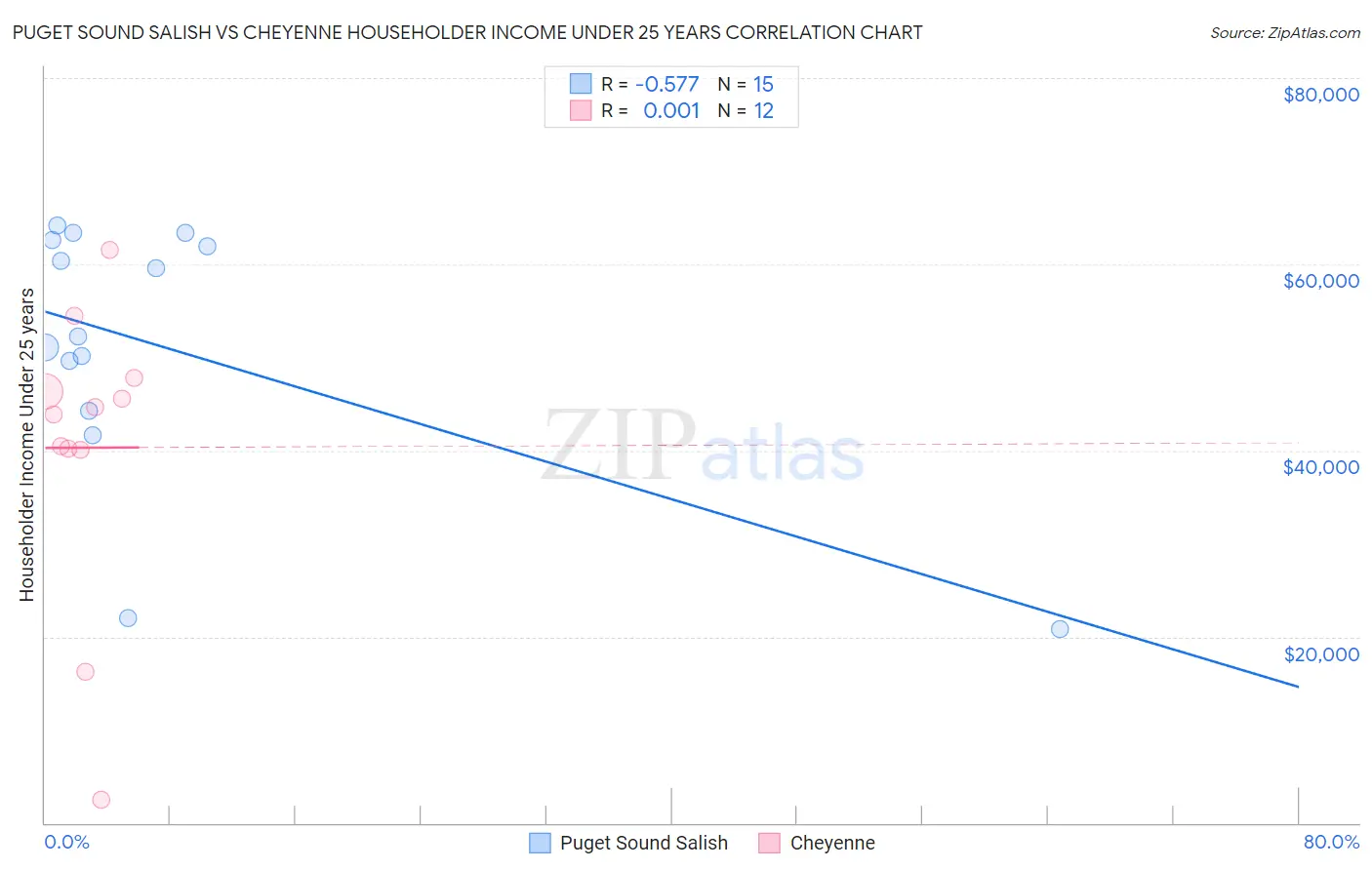 Puget Sound Salish vs Cheyenne Householder Income Under 25 years