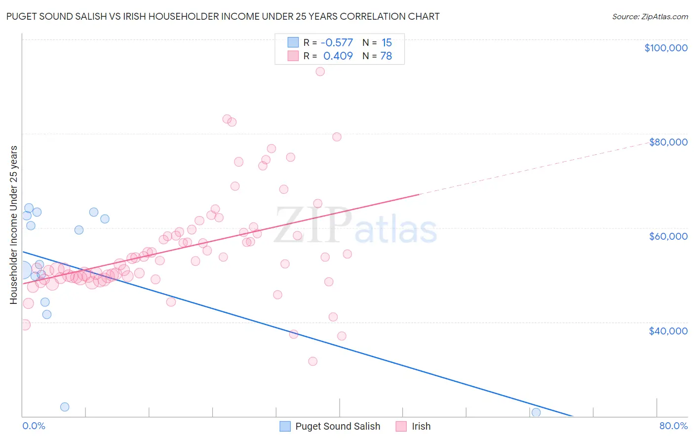 Puget Sound Salish vs Irish Householder Income Under 25 years