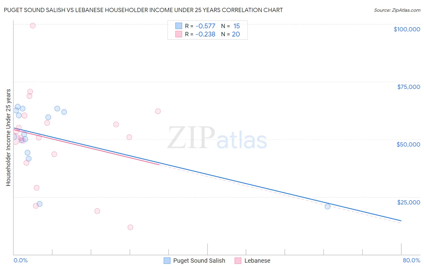 Puget Sound Salish vs Lebanese Householder Income Under 25 years