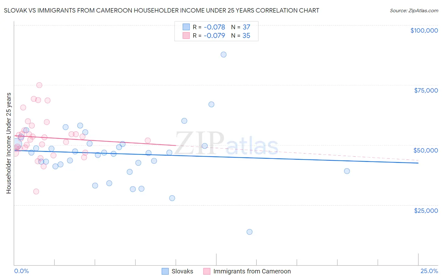 Slovak vs Immigrants from Cameroon Householder Income Under 25 years