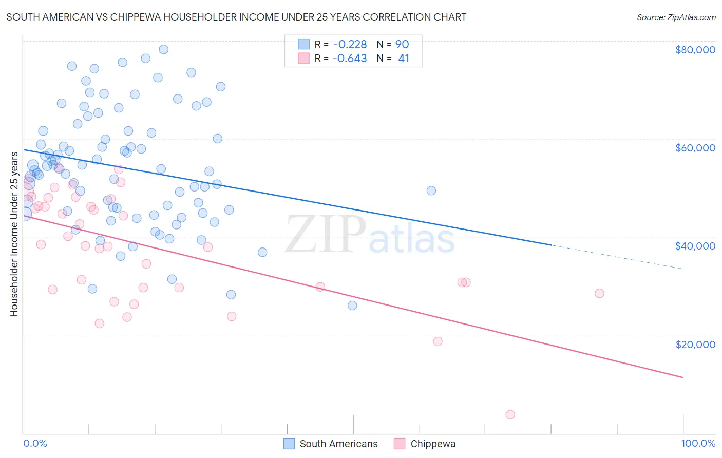 South American vs Chippewa Householder Income Under 25 years