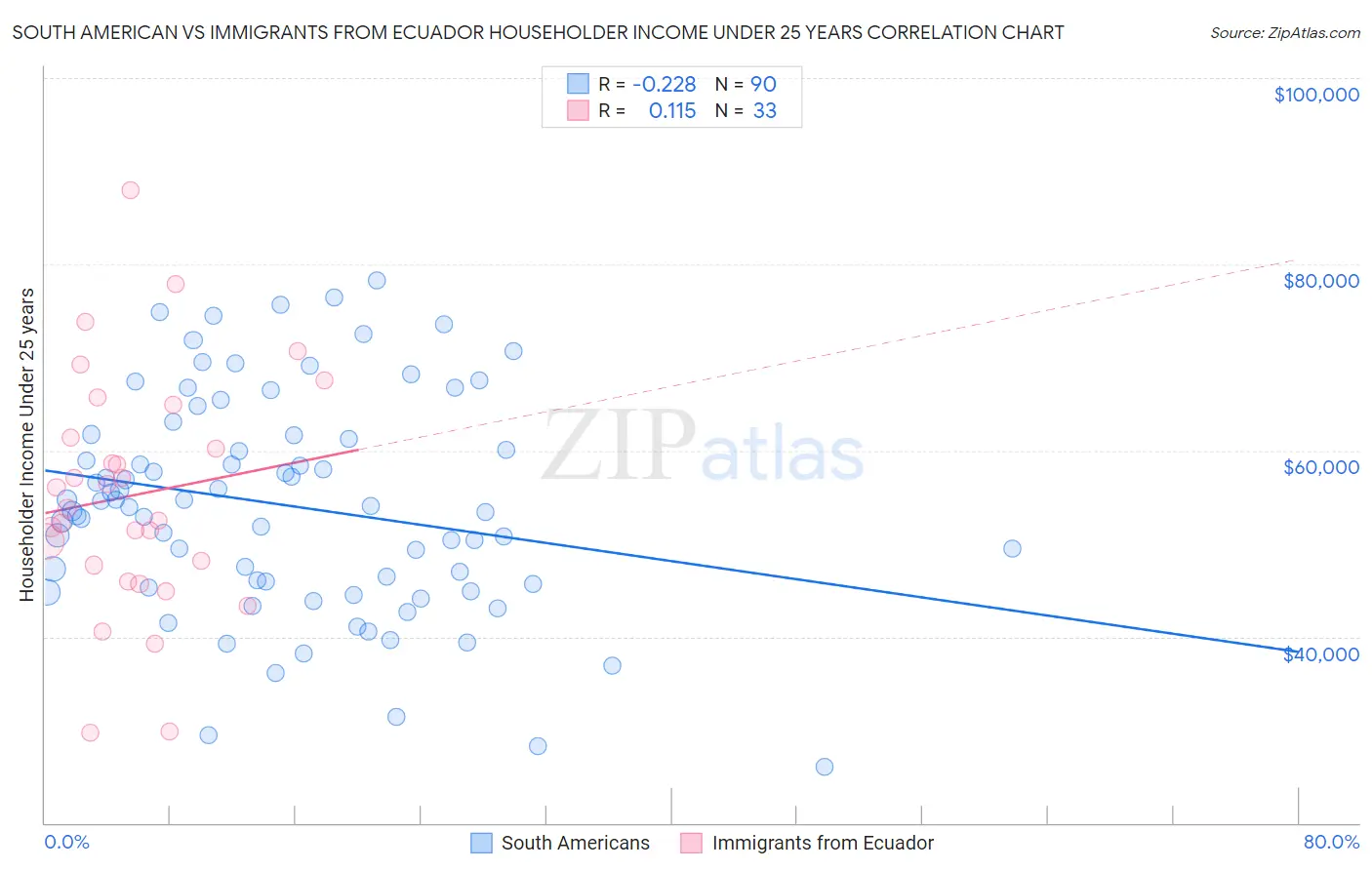 South American vs Immigrants from Ecuador Householder Income Under 25 years