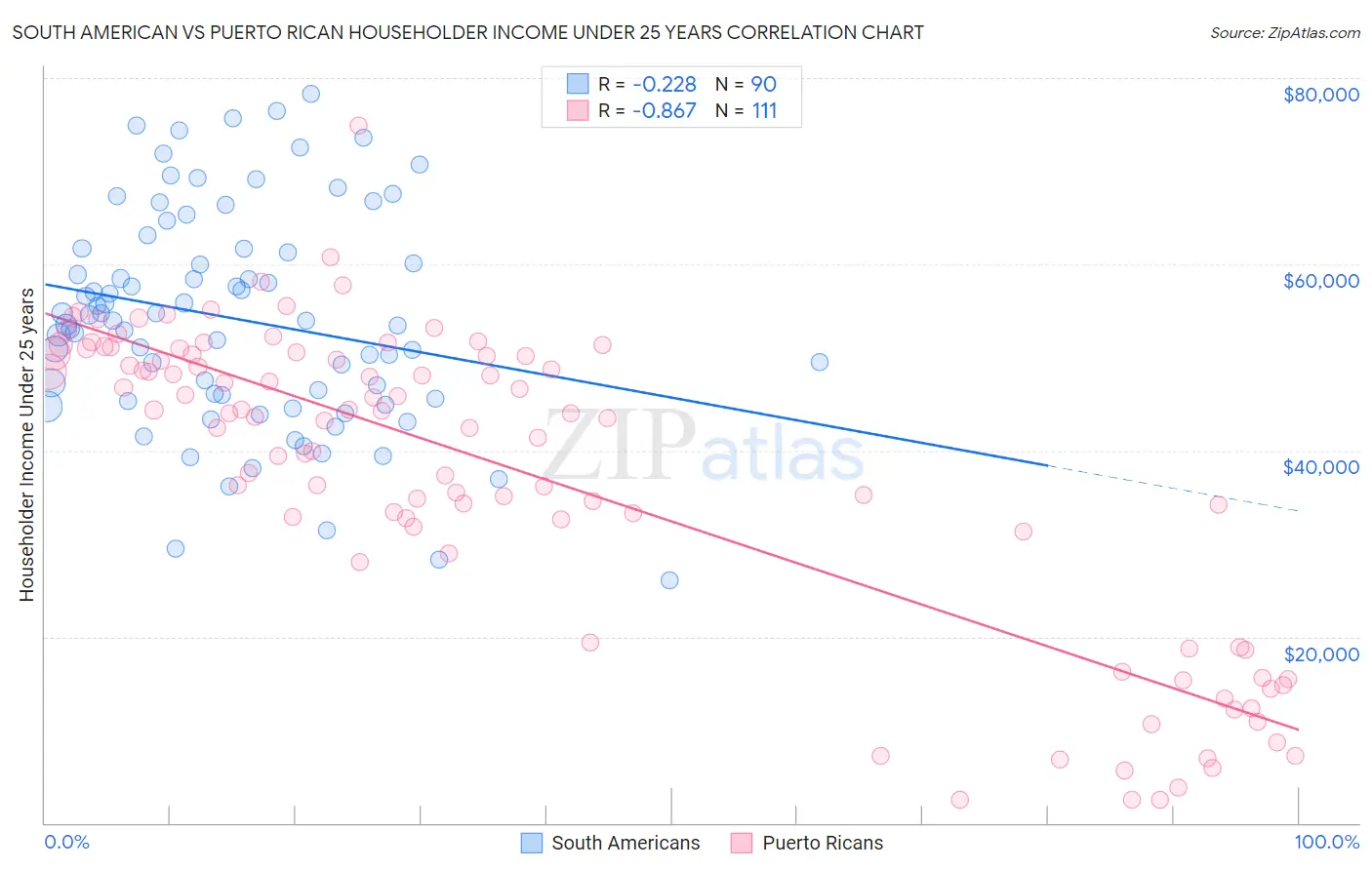 South American vs Puerto Rican Householder Income Under 25 years