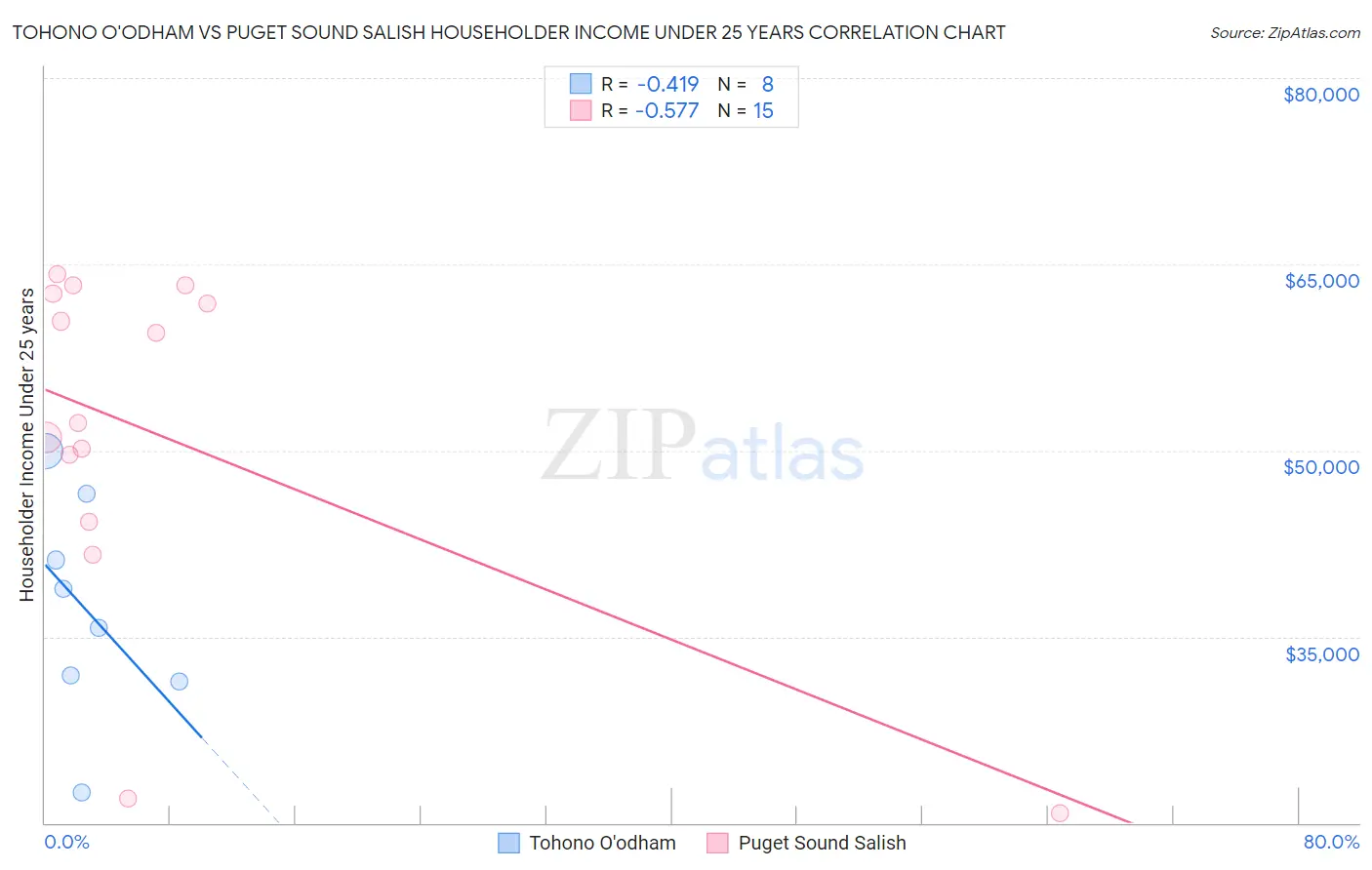 Tohono O'odham vs Puget Sound Salish Householder Income Under 25 years