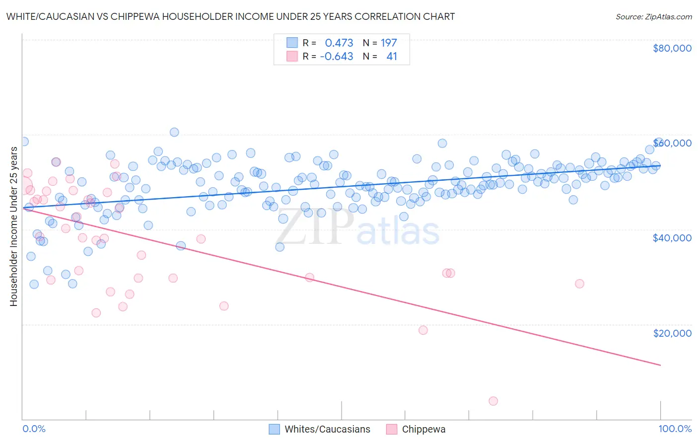 White/Caucasian vs Chippewa Householder Income Under 25 years