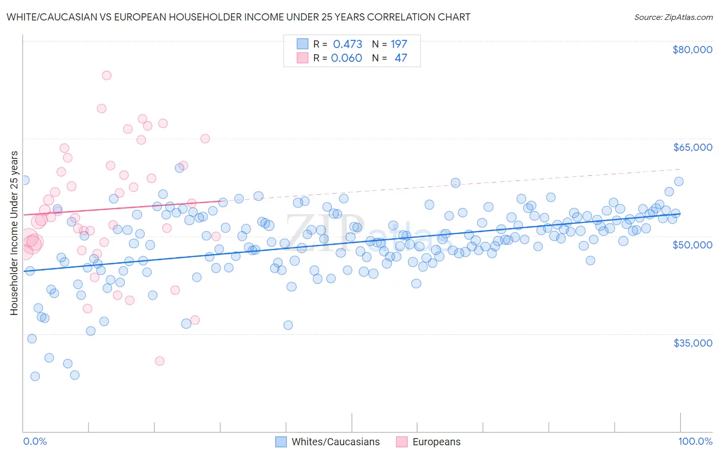 White/Caucasian vs European Householder Income Under 25 years