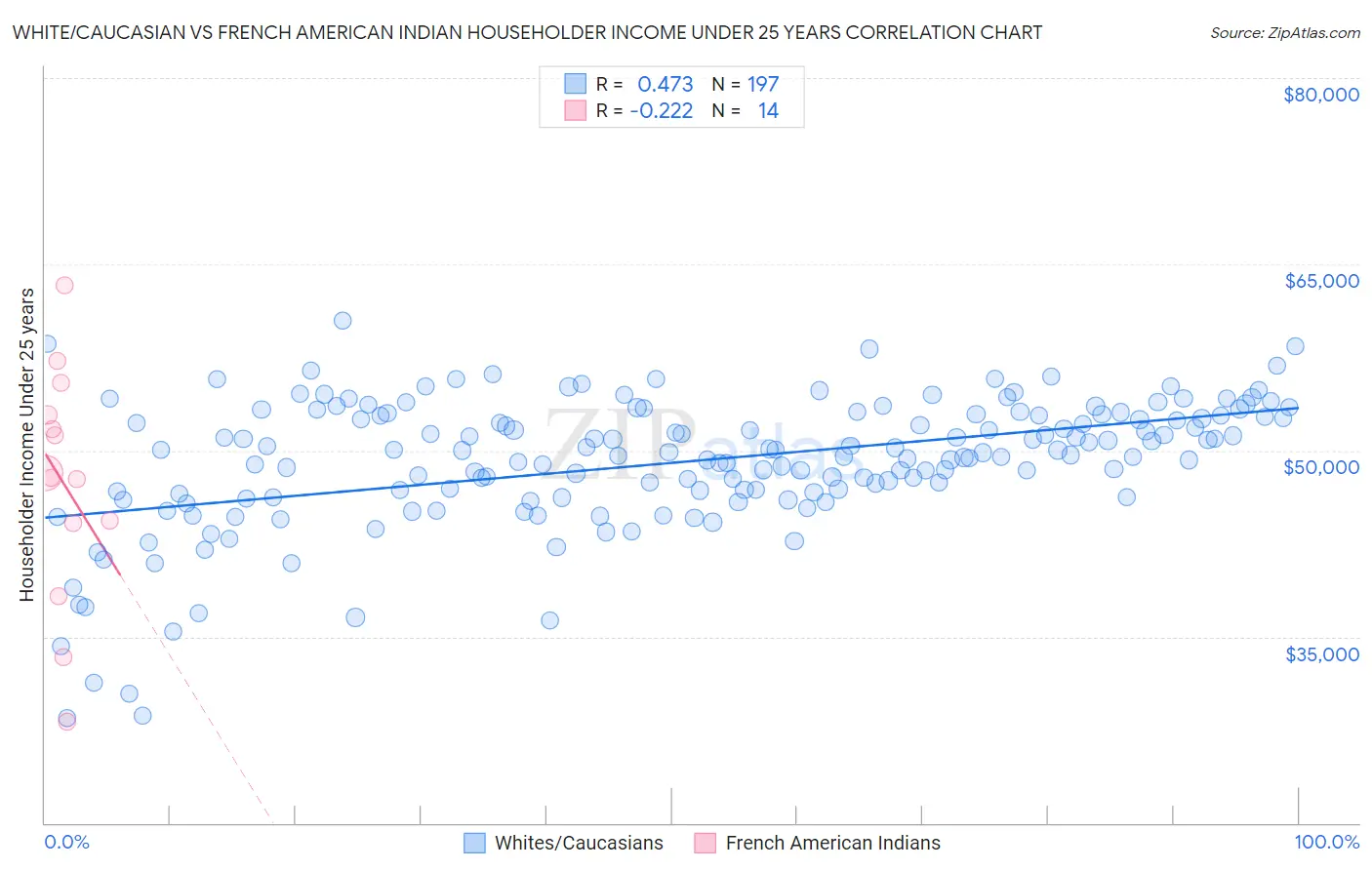 White/Caucasian vs French American Indian Householder Income Under 25 years