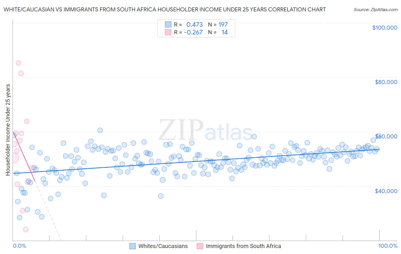 White/Caucasian vs Immigrants from South Africa Householder Income Under 25 years
