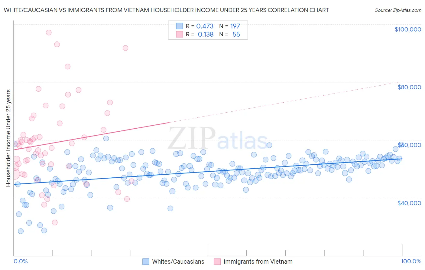 White/Caucasian vs Immigrants from Vietnam Householder Income Under 25 years