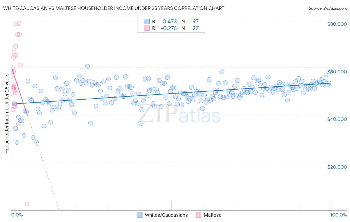 White/Caucasian vs Maltese Householder Income Under 25 years