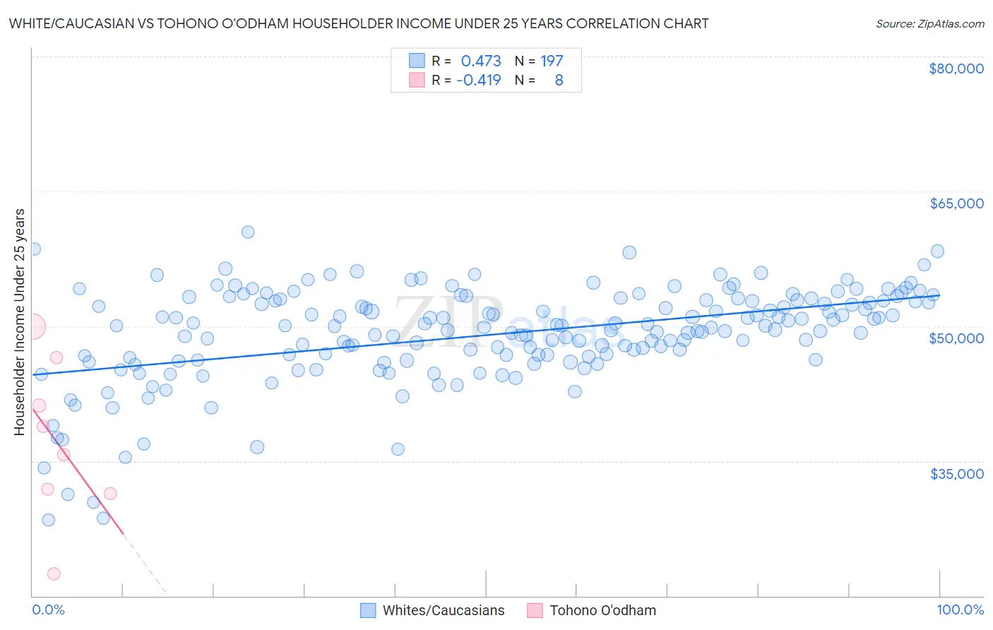 White/Caucasian vs Tohono O'odham Householder Income Under 25 years