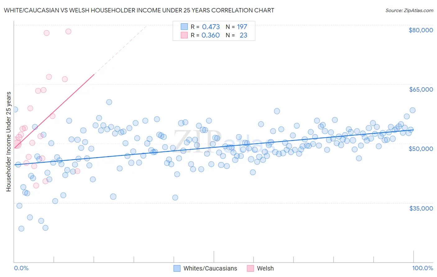 White/Caucasian vs Welsh Householder Income Under 25 years