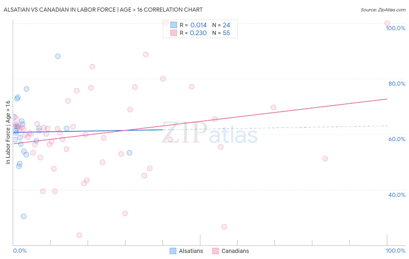 Alsatian vs Canadian In Labor Force | Age > 16