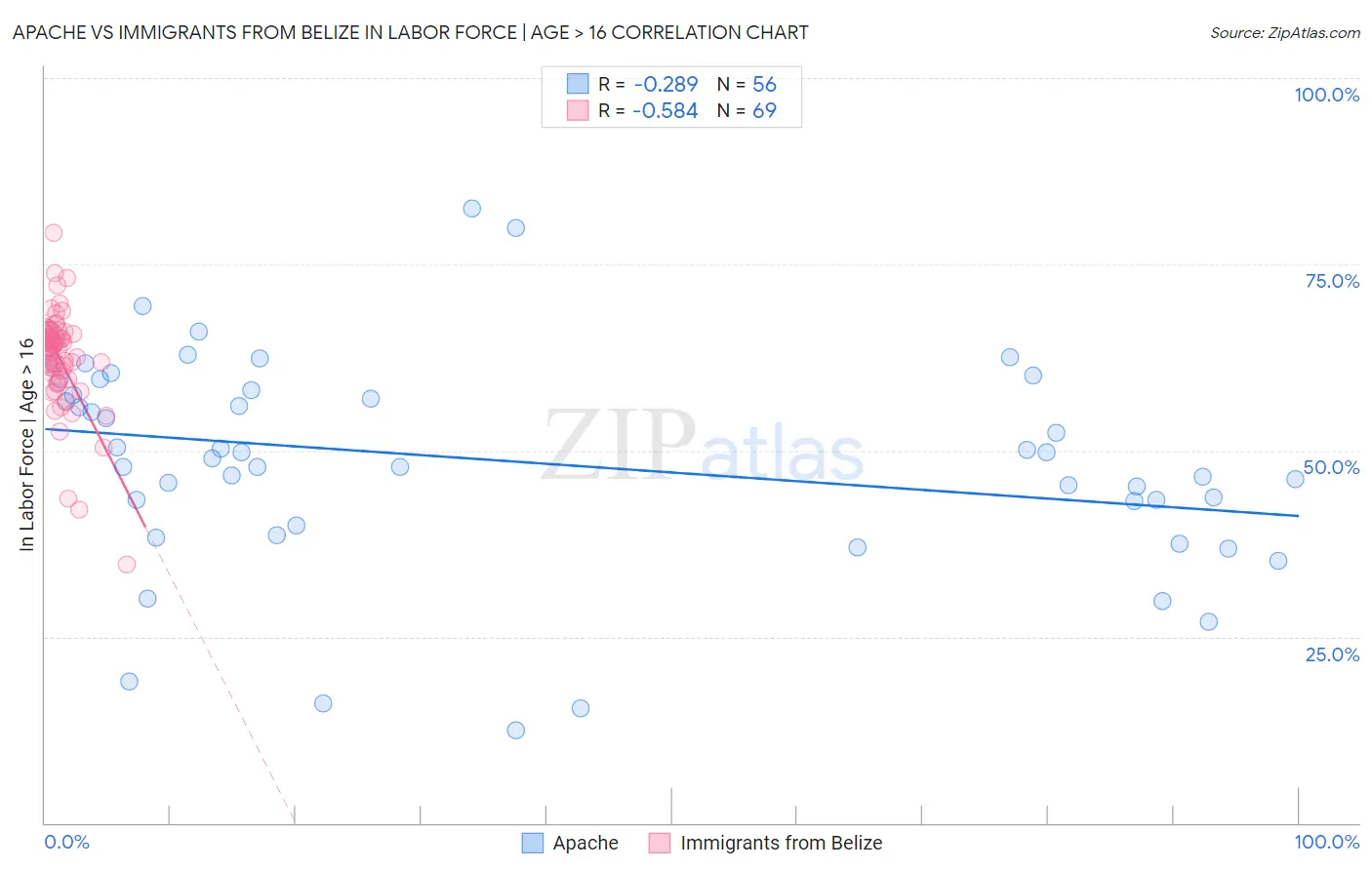 Apache vs Immigrants from Belize In Labor Force | Age > 16