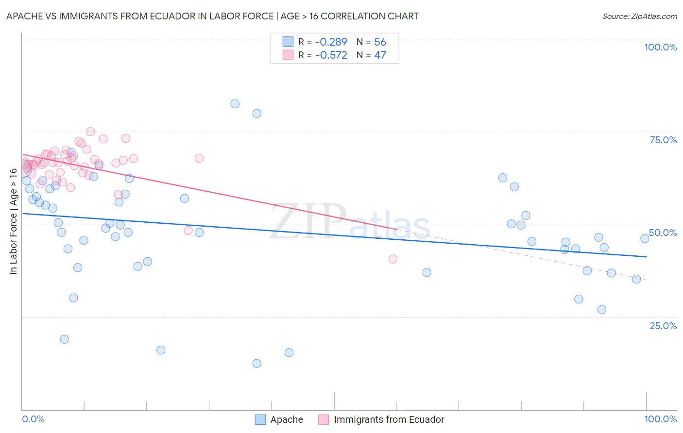 Apache vs Immigrants from Ecuador In Labor Force | Age > 16