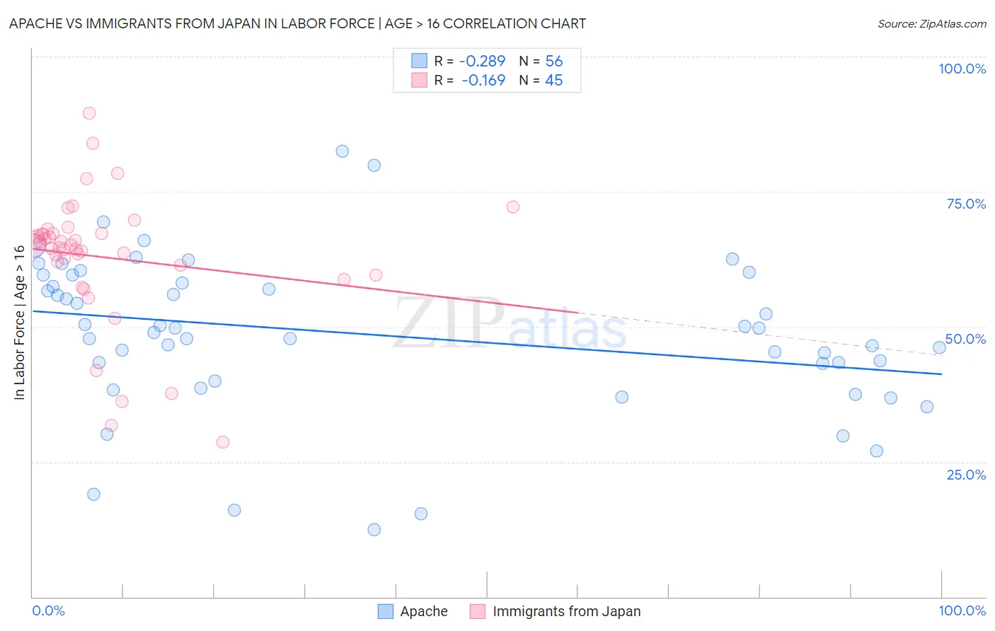 Apache vs Immigrants from Japan In Labor Force | Age > 16