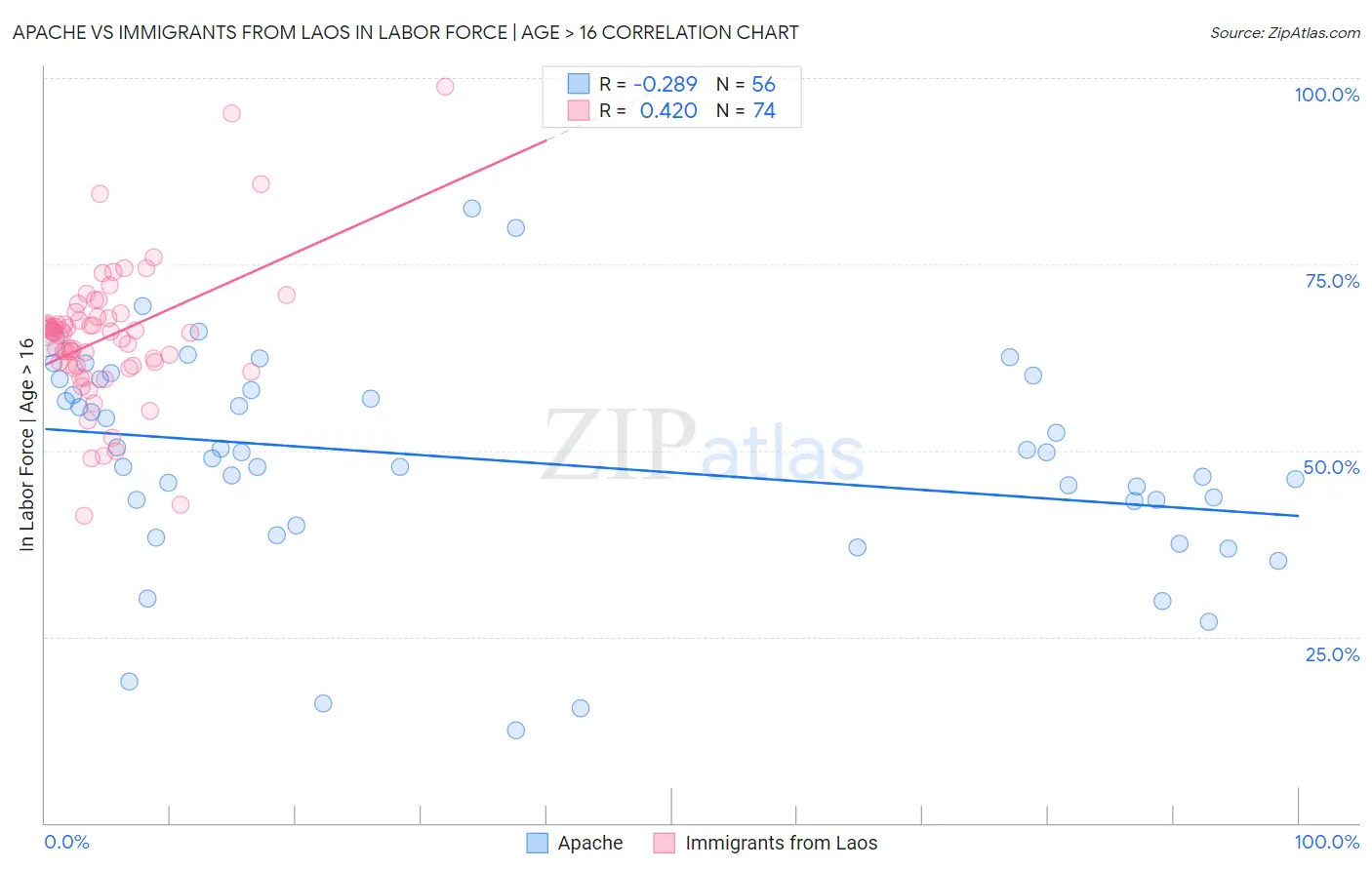 Apache vs Immigrants from Laos In Labor Force | Age > 16