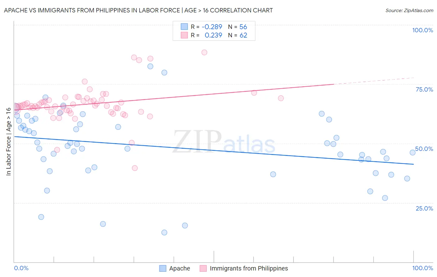 Apache vs Immigrants from Philippines In Labor Force | Age > 16