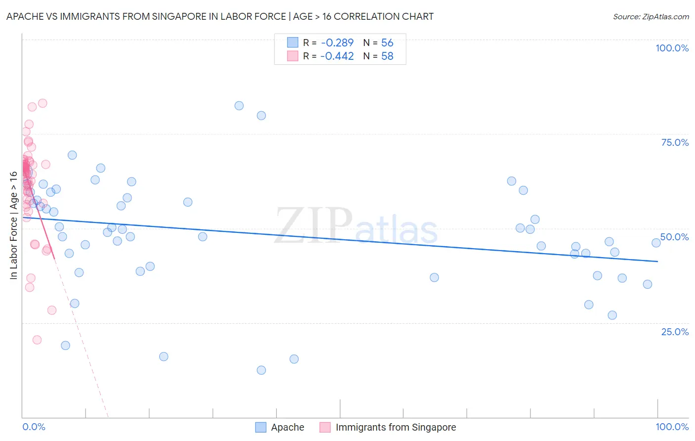 Apache vs Immigrants from Singapore In Labor Force | Age > 16