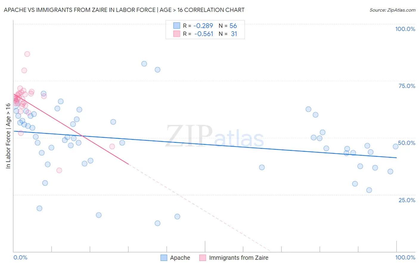 Apache vs Immigrants from Zaire In Labor Force | Age > 16