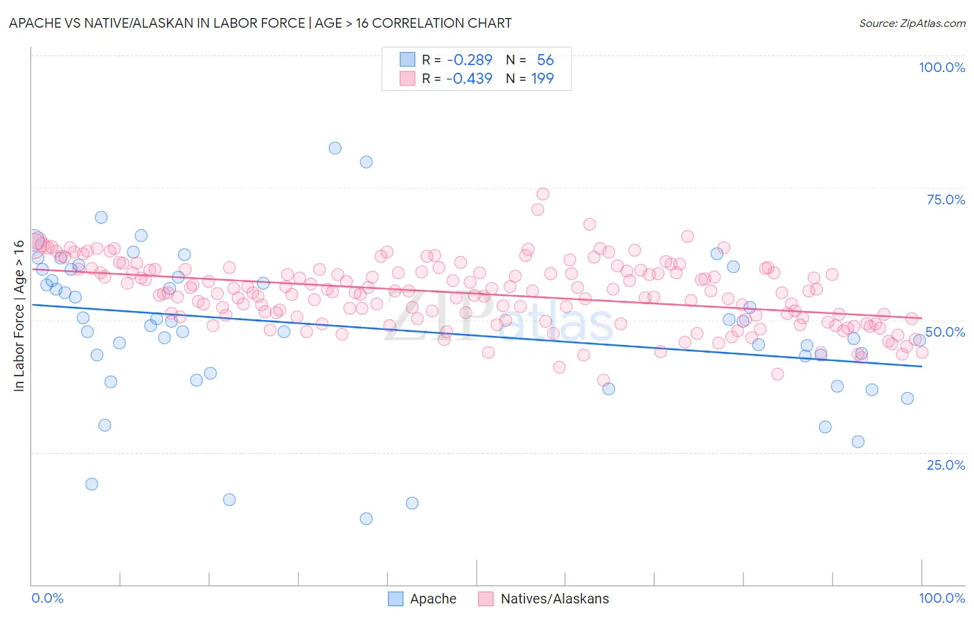 Apache vs Native/Alaskan In Labor Force | Age > 16