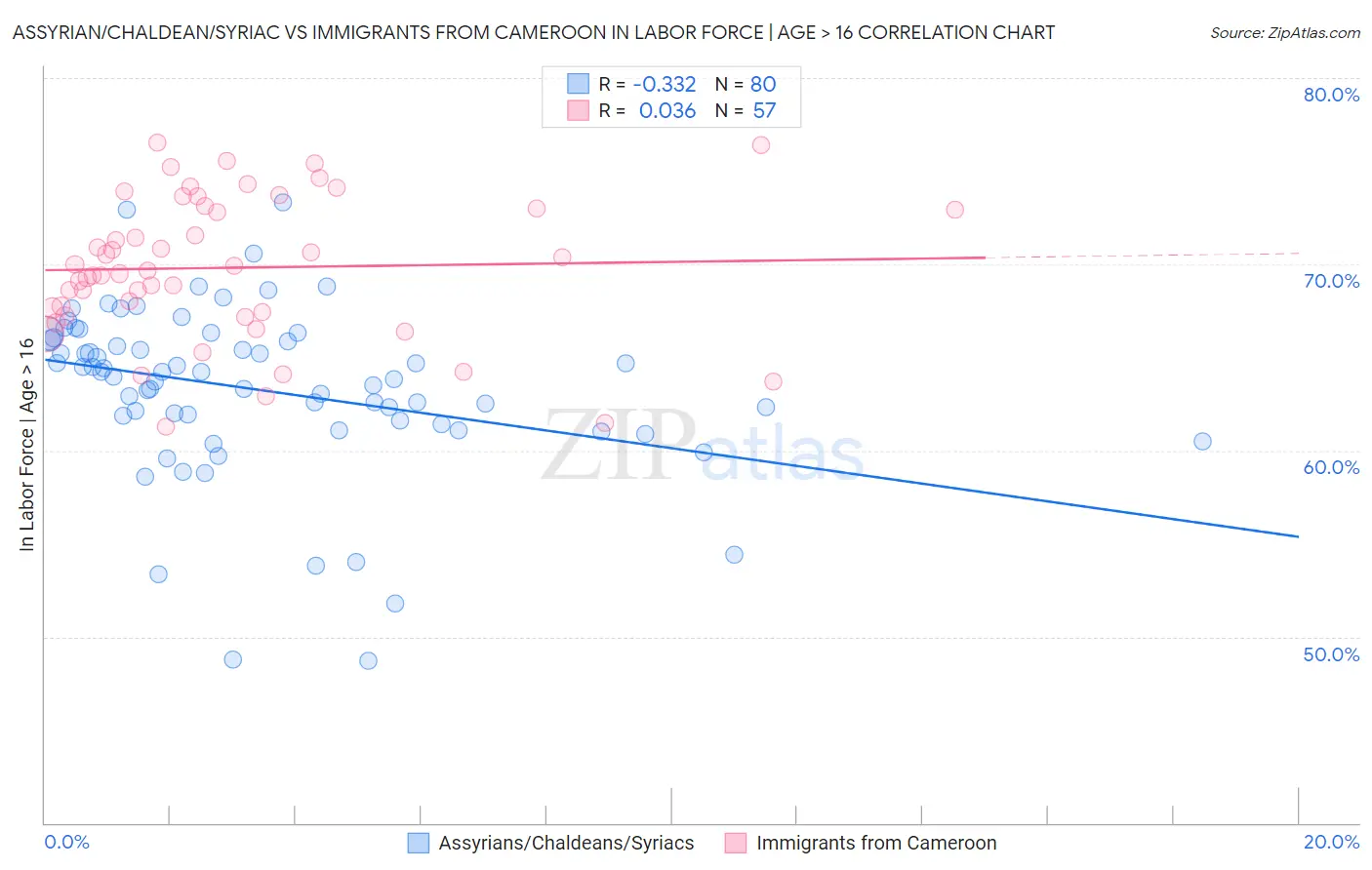 Assyrian/Chaldean/Syriac vs Immigrants from Cameroon In Labor Force | Age > 16