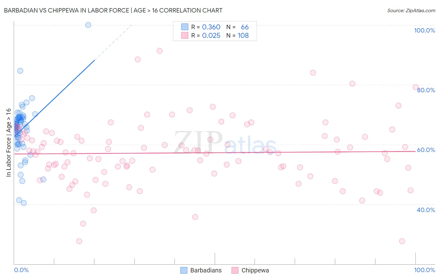 Barbadian vs Chippewa In Labor Force | Age > 16