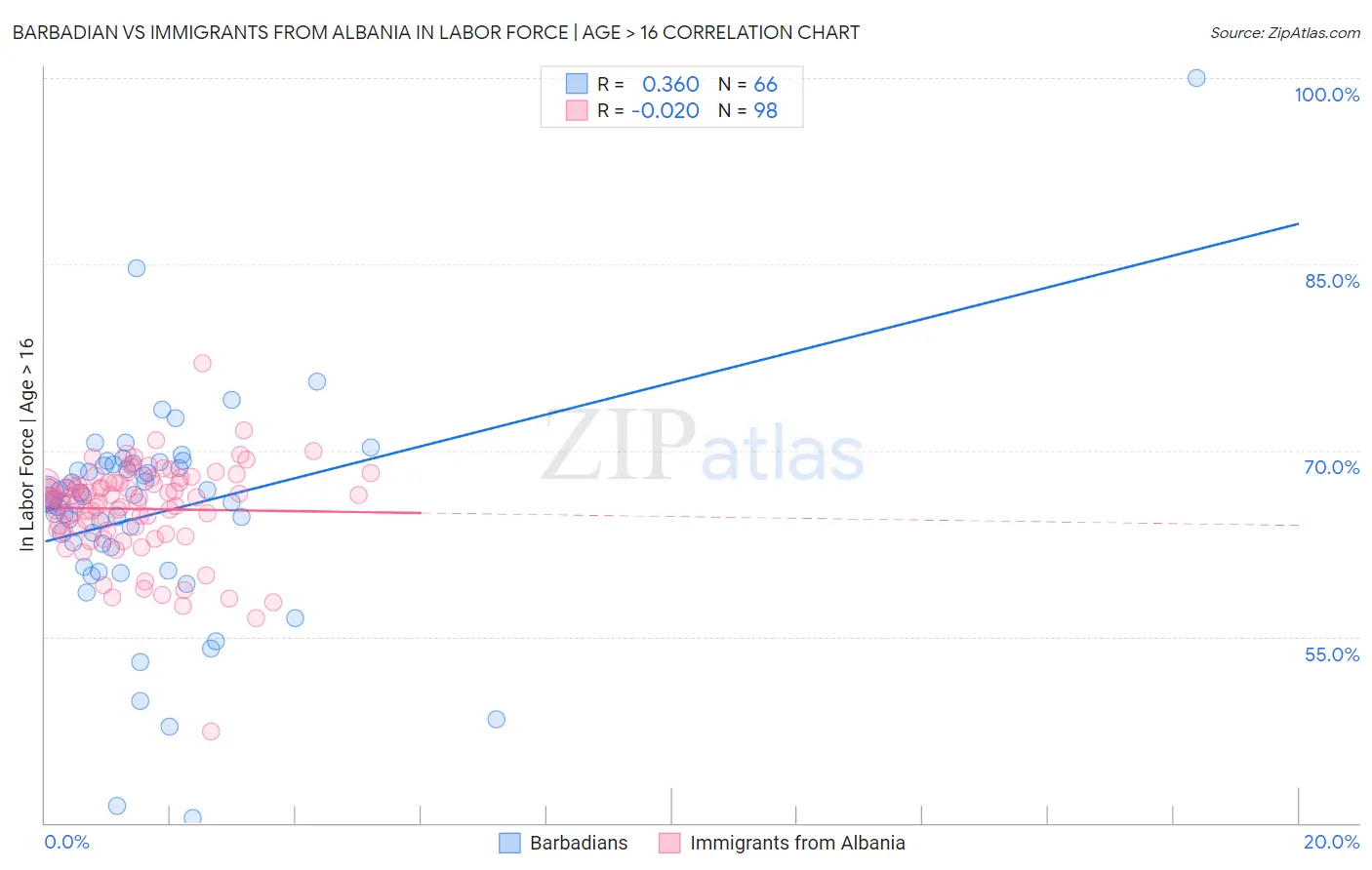 Barbadian vs Immigrants from Albania In Labor Force | Age > 16