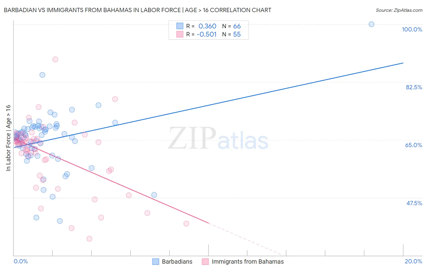 Barbadian vs Immigrants from Bahamas In Labor Force | Age > 16