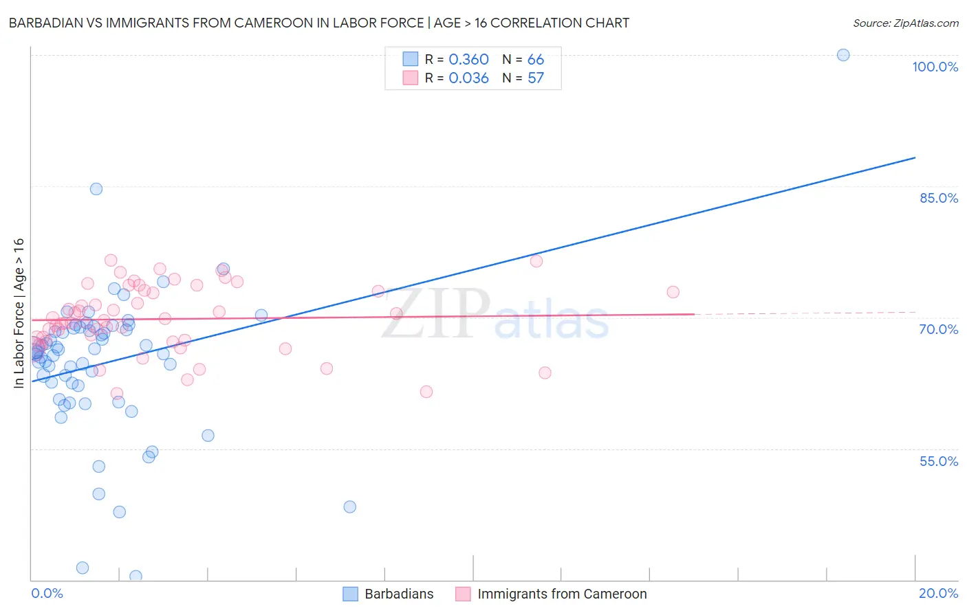 Barbadian vs Immigrants from Cameroon In Labor Force | Age > 16