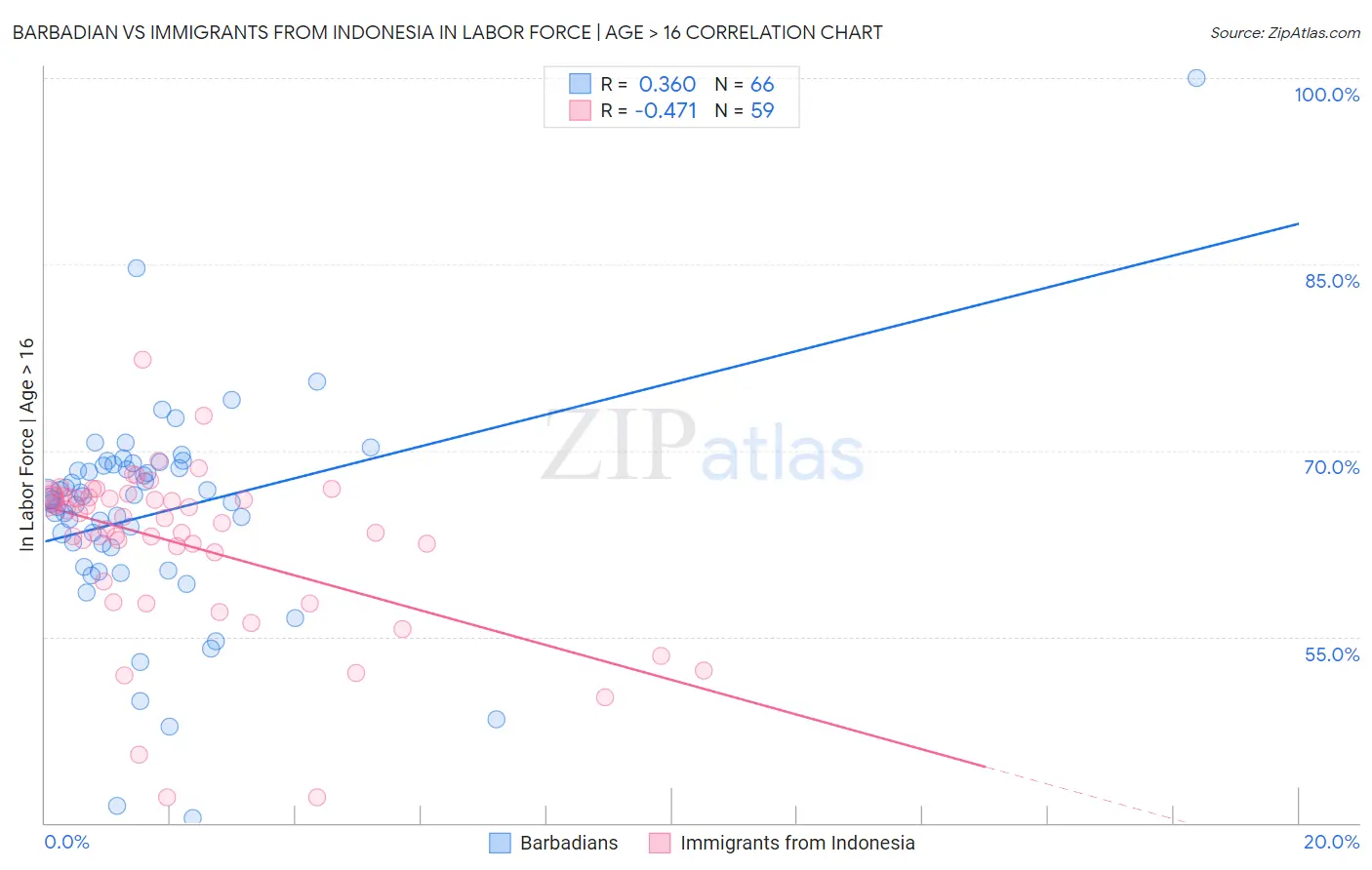 Barbadian vs Immigrants from Indonesia In Labor Force | Age > 16