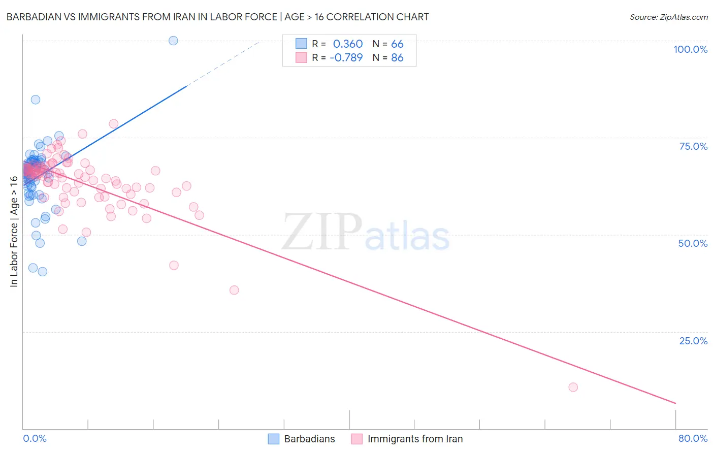 Barbadian vs Immigrants from Iran In Labor Force | Age > 16