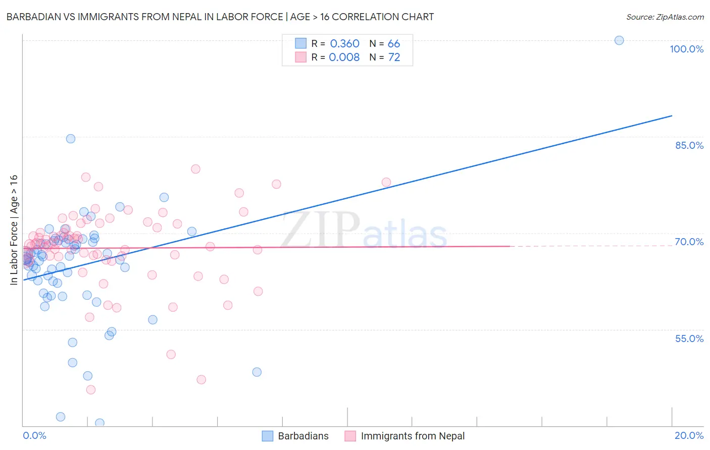 Barbadian vs Immigrants from Nepal In Labor Force | Age > 16