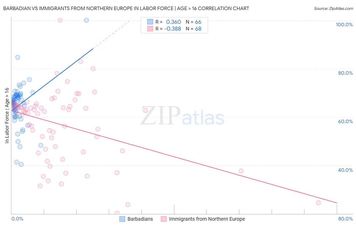 Barbadian vs Immigrants from Northern Europe In Labor Force | Age > 16