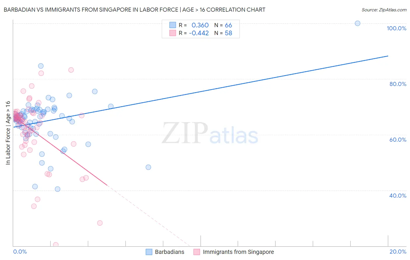 Barbadian vs Immigrants from Singapore In Labor Force | Age > 16