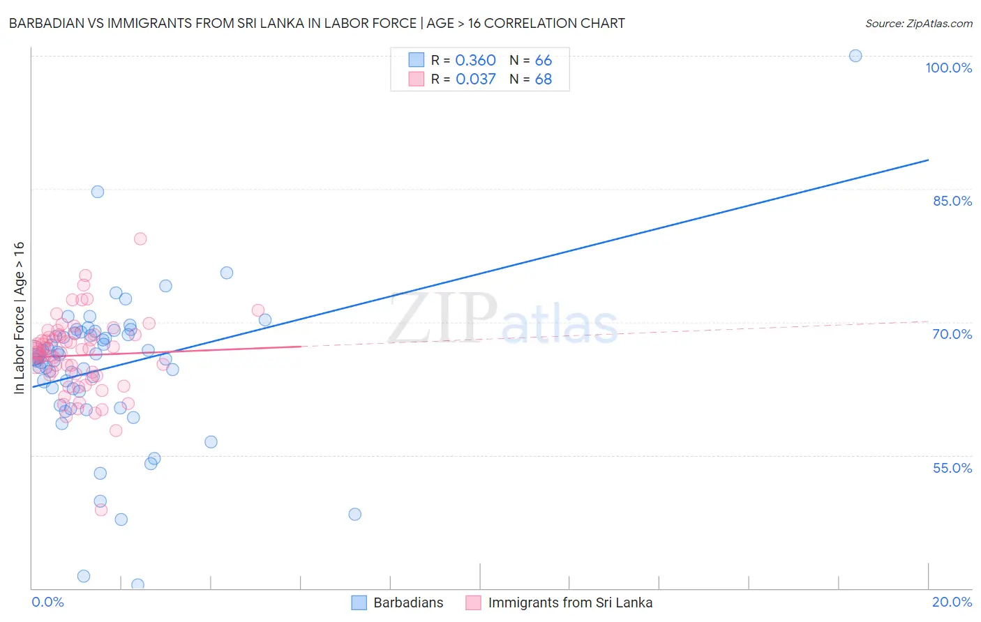 Barbadian vs Immigrants from Sri Lanka In Labor Force | Age > 16