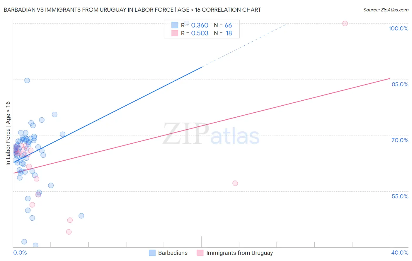 Barbadian vs Immigrants from Uruguay In Labor Force | Age > 16