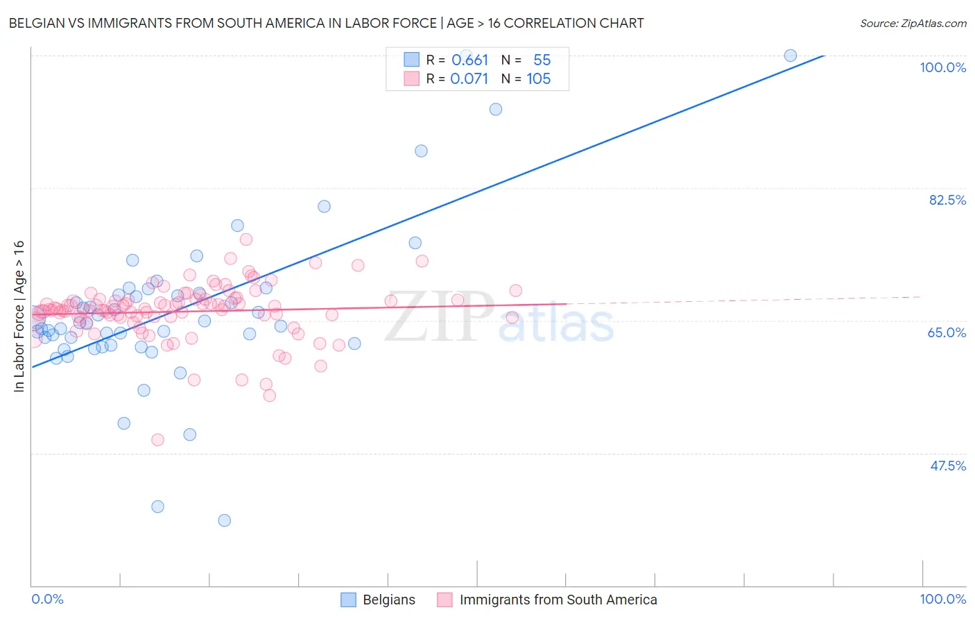 Belgian vs Immigrants from South America In Labor Force | Age > 16