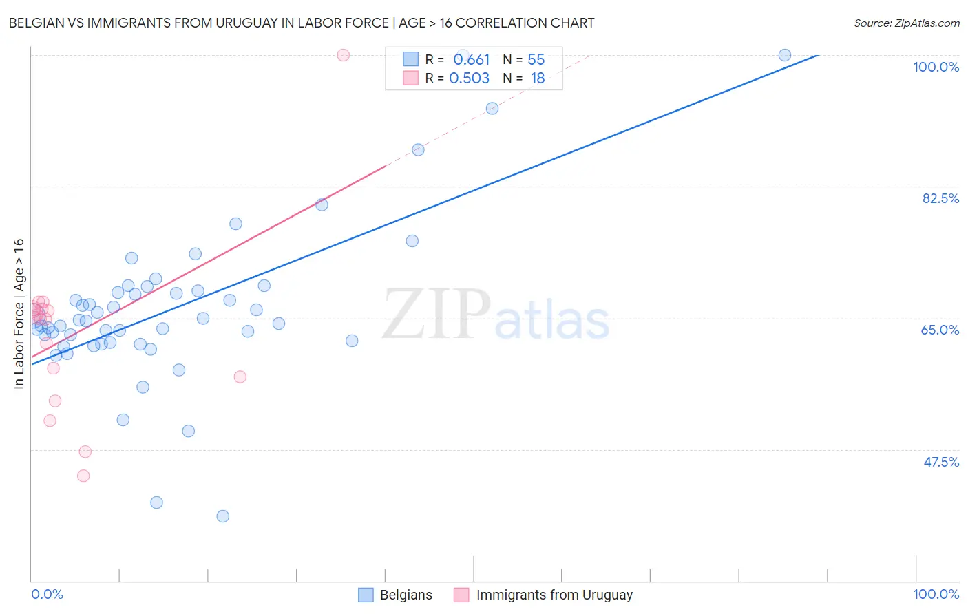 Belgian vs Immigrants from Uruguay In Labor Force | Age > 16