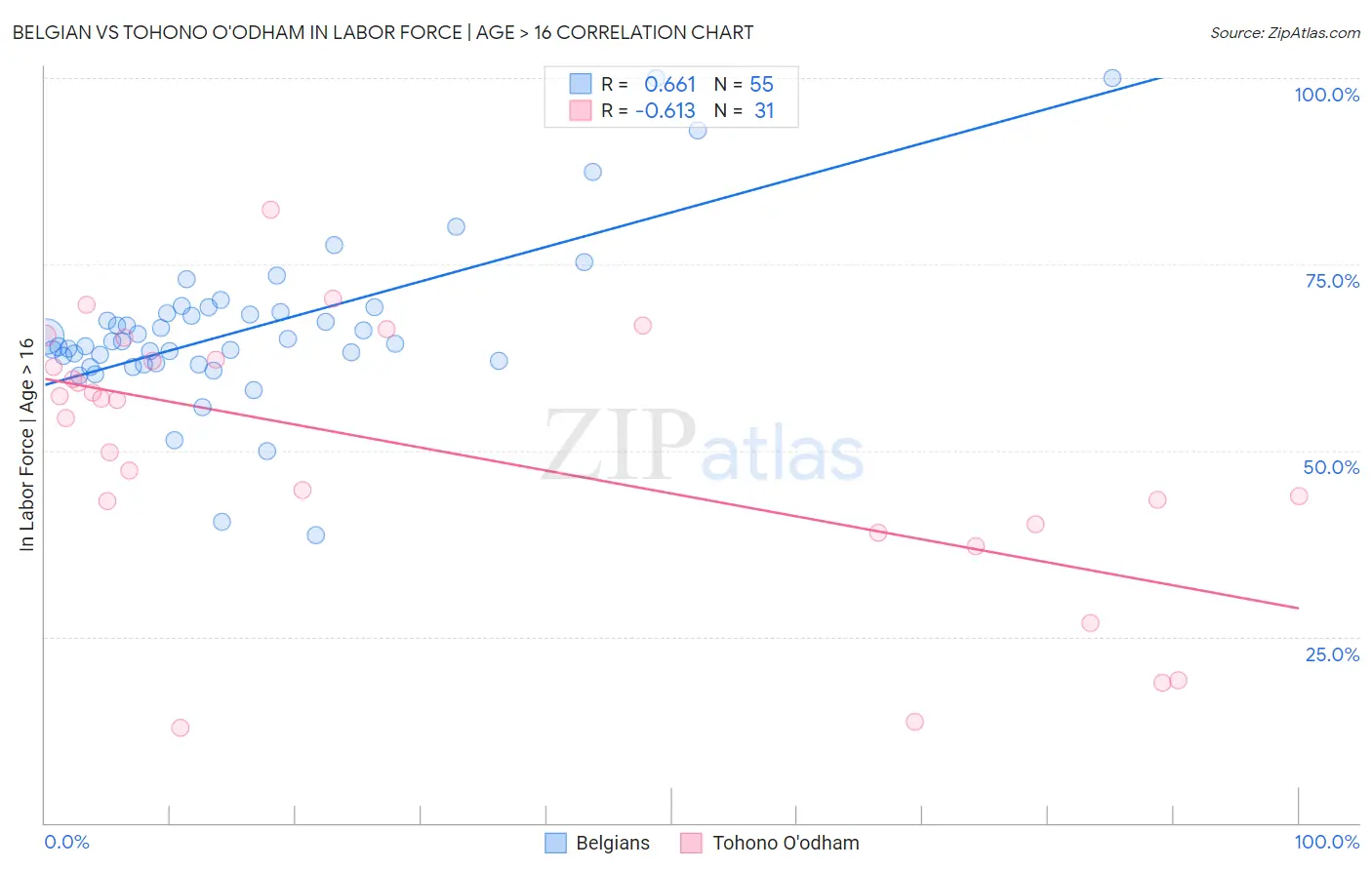 Belgian vs Tohono O'odham In Labor Force | Age > 16