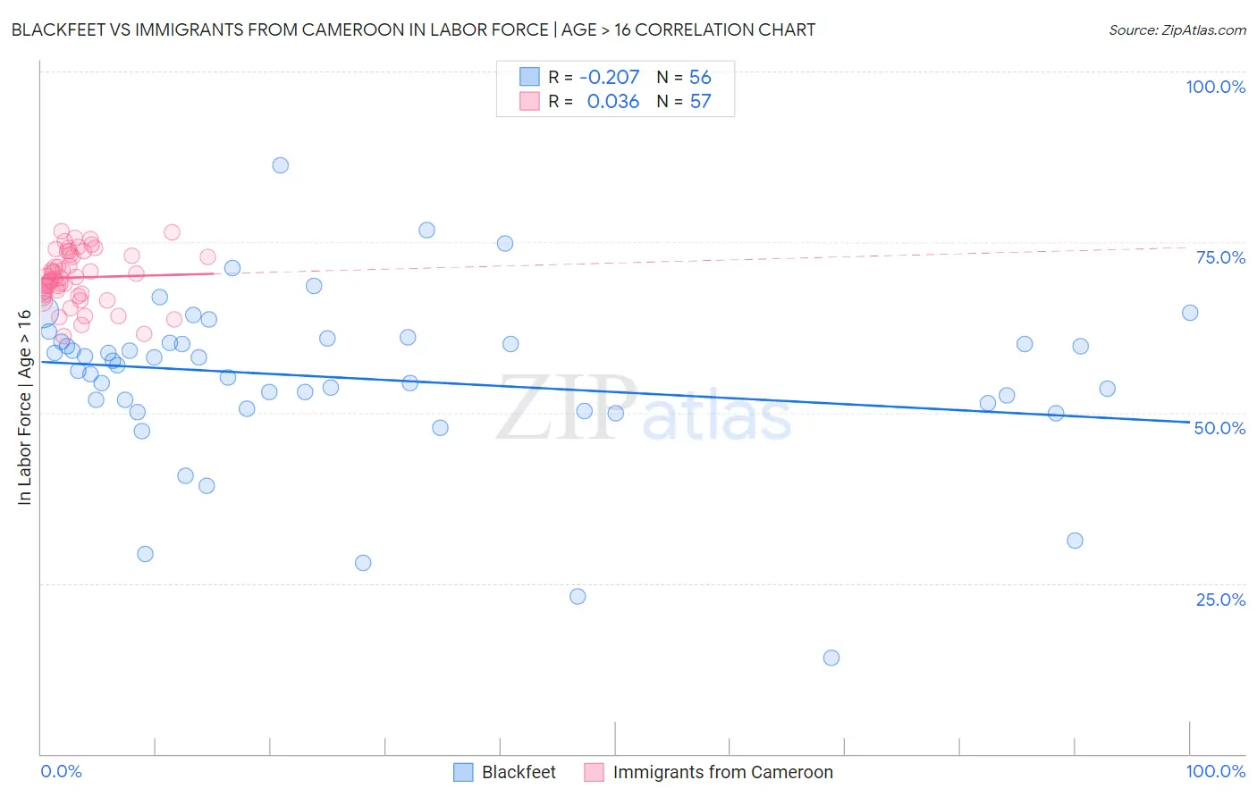Blackfeet vs Immigrants from Cameroon In Labor Force | Age > 16