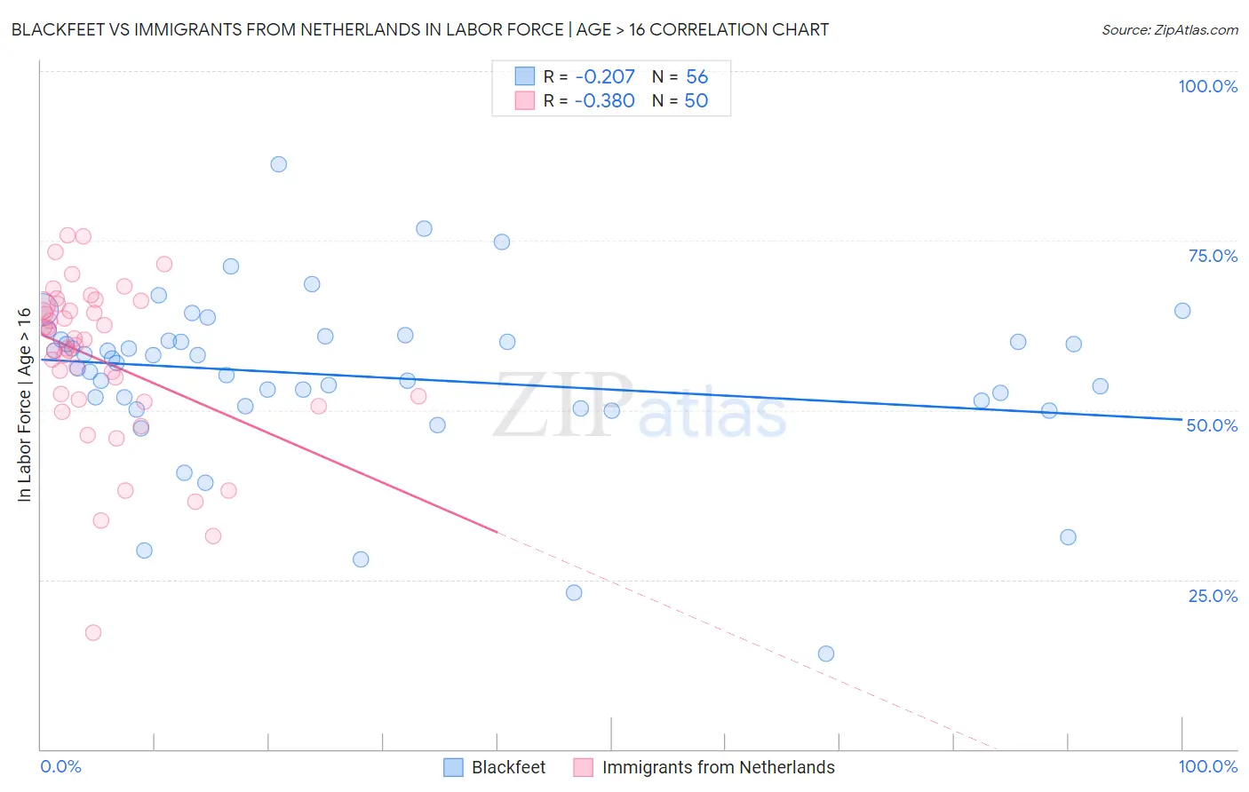 Blackfeet vs Immigrants from Netherlands In Labor Force | Age > 16