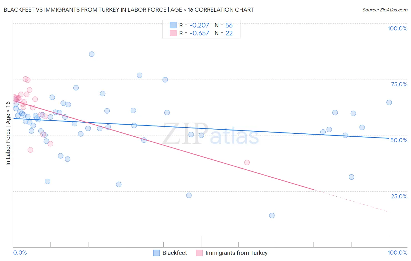Blackfeet vs Immigrants from Turkey In Labor Force | Age > 16